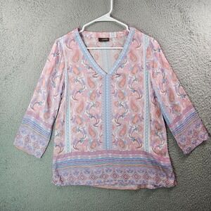 Crosby Top Blouse Women Small Paisley Print V-Neck Pastel Pink Blue Boho‎ Preppy